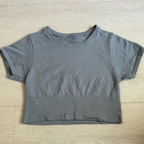 Aerie Gray Fitted Crop T-Shirt Short Sleeves - Picture 2 of 7